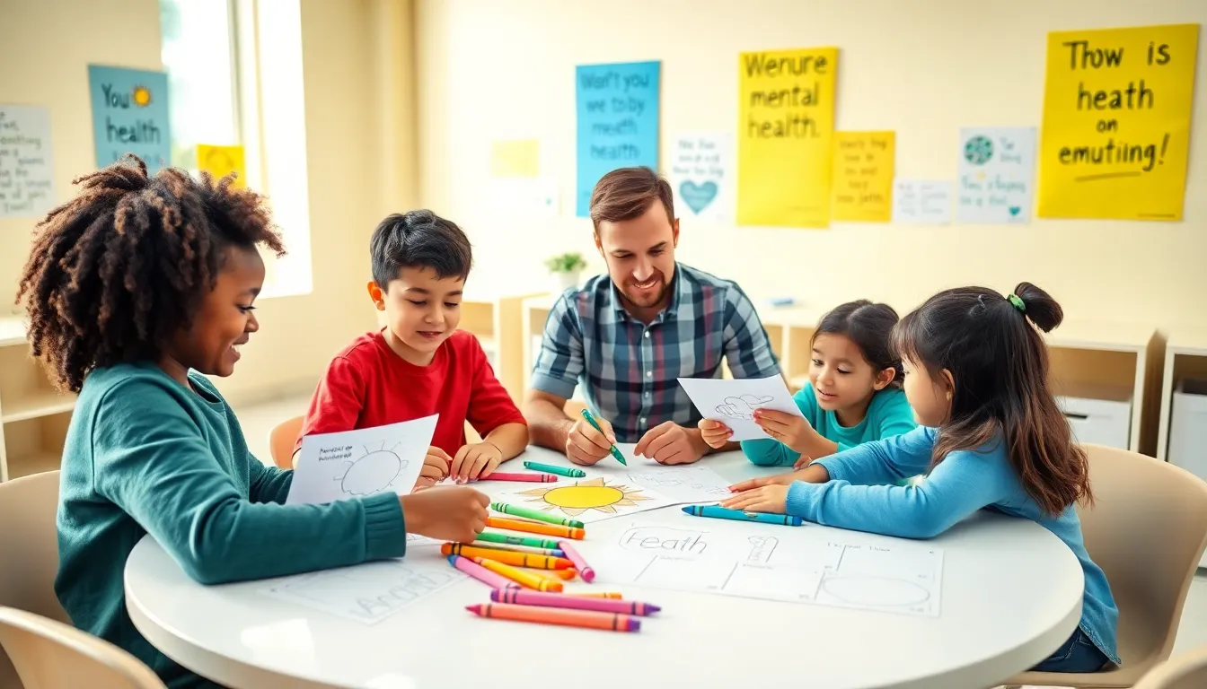 Children collaborating on mental health worksheets in a colorful classroom.